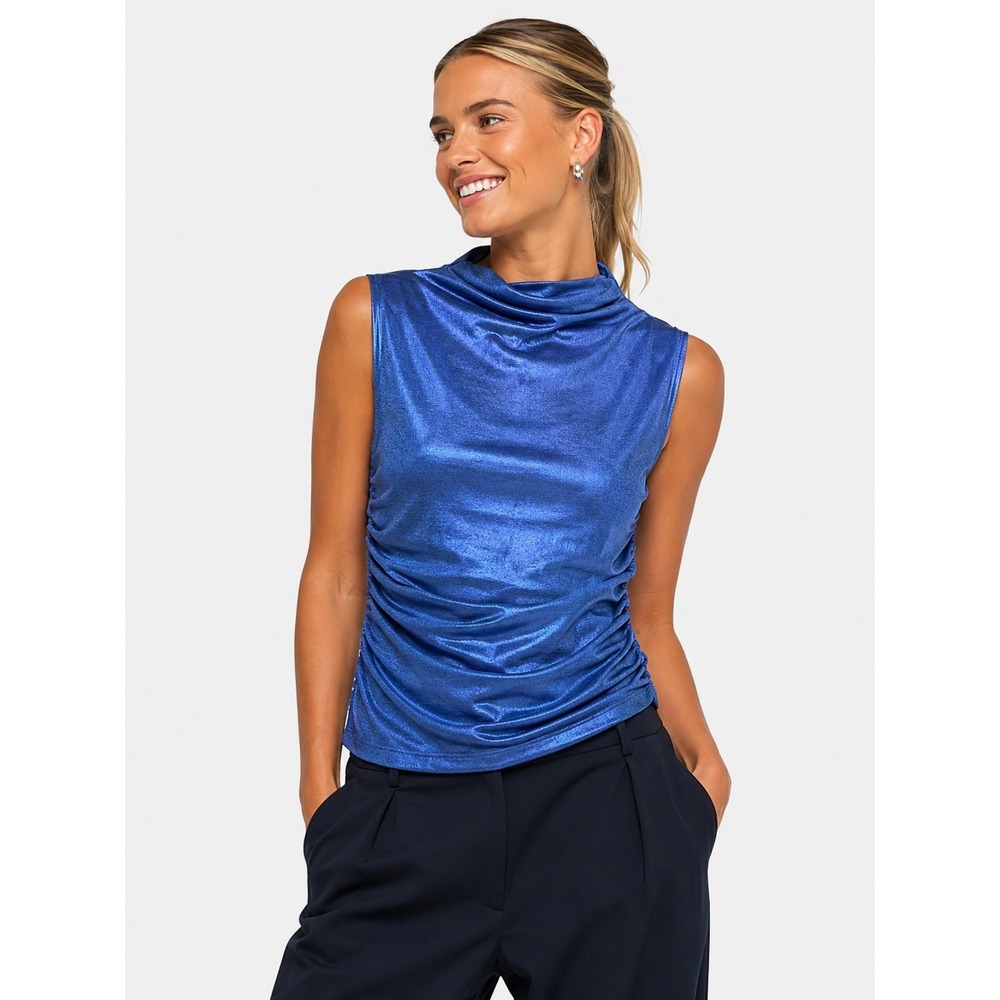 RM Rebecca Minkoff Blue Metallic Sleeveless Ruched Mock Neck Top M NWOT New